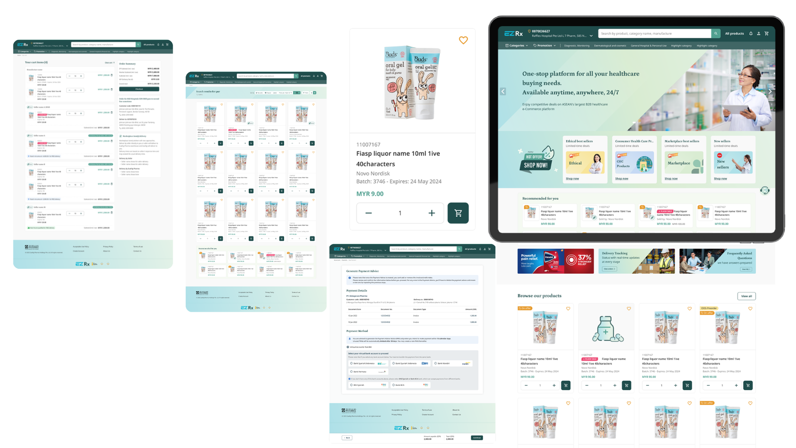 eZRx Plus web screens: product listing, product detail and checkout