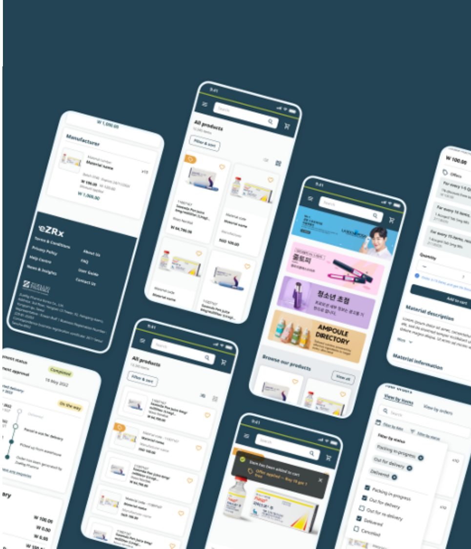 Grid of mobile prototype screens for eZRx Plus
